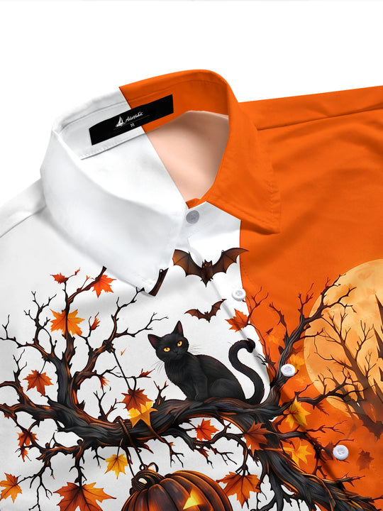 Adaychic Men's Halloween Black Cats And Pumpkins Print Short Sleeve Shirt with Chest Pocket