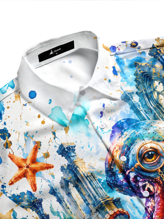 Adaychic Men's Graphic Octopus With Bow Tie And Monocle Print Long Sleeve Shirt with Chest Pocket