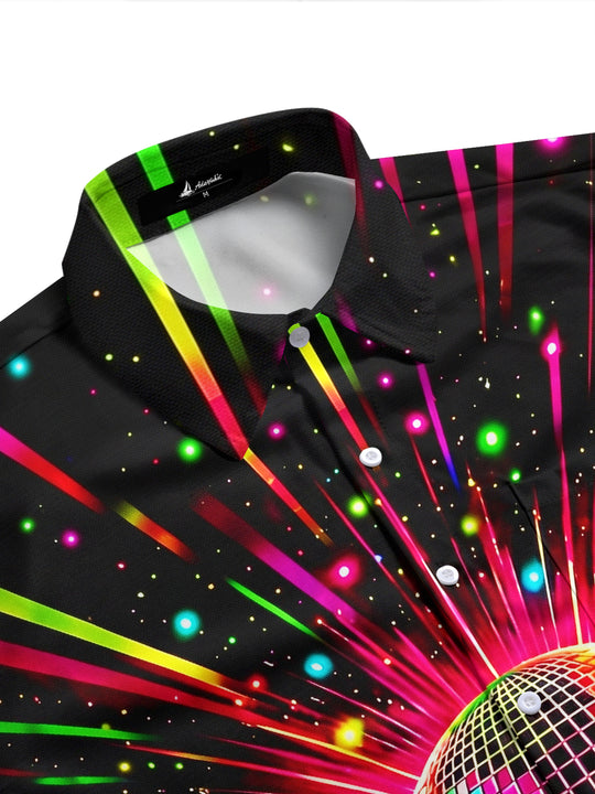 Adaychic Men's Retro Disco Ball Print Neon Light Rays Print Short Sleeve Shirt with Chest Pocket