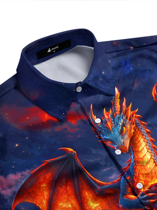 Adaychic Men's Graphic Dragon And Volcano Lava Print Long Sleeve Shirt with Chest Pocket