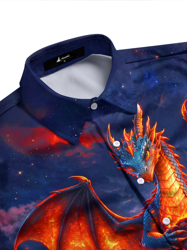 Adaychic Men's Graphic Dragon And Volcano Lava Print Long Sleeve Shirt with Chest Pocket