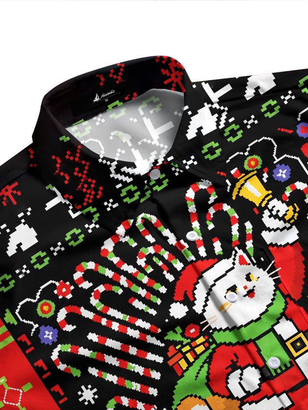Adaychic Men's Graphic Pixel Art Christmas Cat Print Long Sleeve Shirt with Chest Pocket