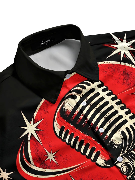 Adaychic Men's Vintage Microphone And Vinyl Records Print Long Sleeve Shirt with Chest Pocket