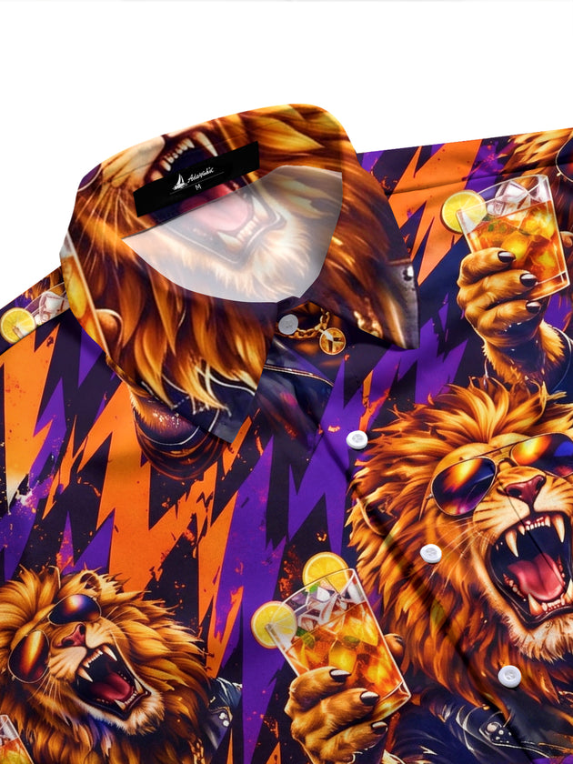 Adaychic Men's Hawaiian Lion With Sunglasses And Drink Print Long Sleeve Shirt with Chest Pocket