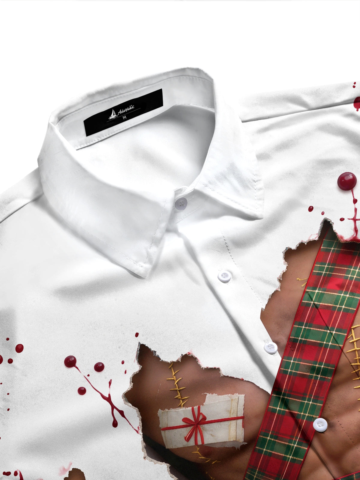 Adaychic Men's Long Sleeve Shirt - Christmas Torn Shirt With Blood Splatter And Plaid Pattern with Chest Pocket