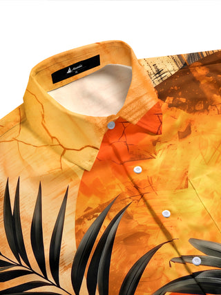 Adaychic Men's Hawaiian Palm Leaf Sunset Print Short Sleeve Shirt with Chest Pocket