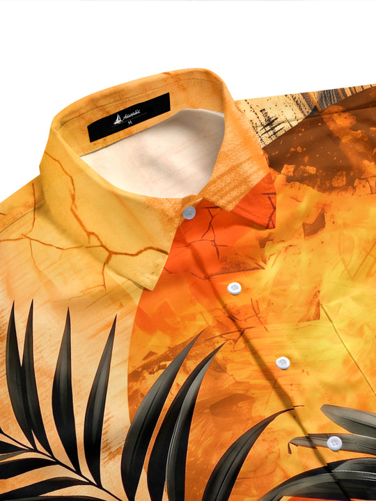Adaychic Men's Hawaiian Palm Leaf Sunset Print Short Sleeve Shirt with Chest Pocket