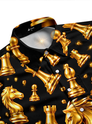 Adaychic Men's Patterned Gold Chess Pieces Print Long Sleeve Shirt with Chest Pocket