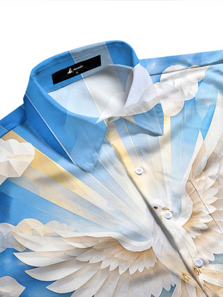 Adaychic Men's Printed White Dove And Clouds Print Long Sleeve Shirt with Chest Pocket