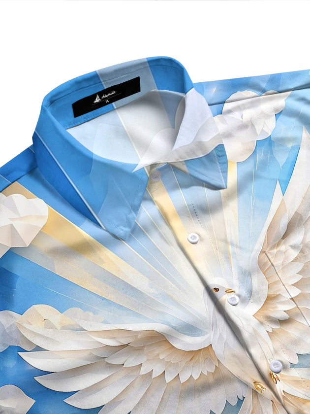 Adaychic Men's Printed White Dove And Clouds Print Long Sleeve Shirt with Chest Pocket