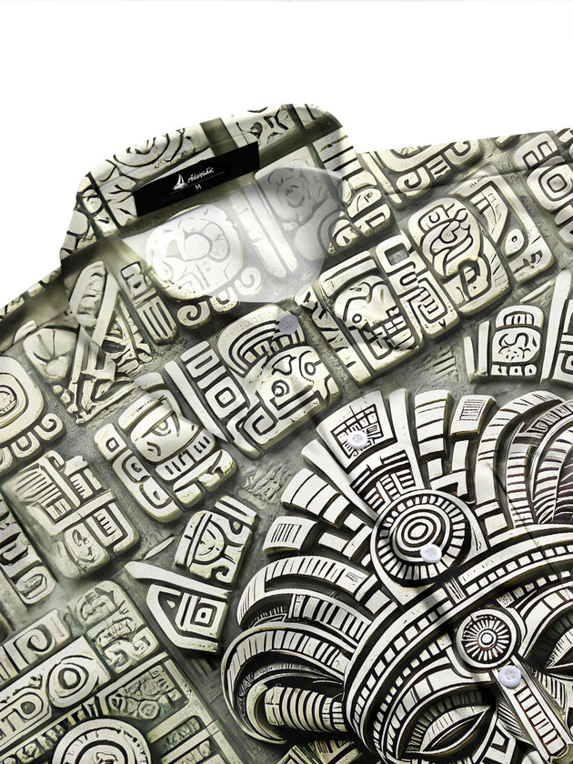 Adaychic Mayan Stone Carving Mask Men's Pocket Long Sleeve Shirts
