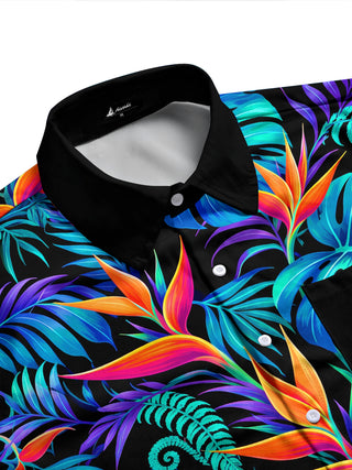Adaychic Men's Long Sleeve Shirt - Tropical Leaves And Bird Of Paradise Flowers Print with Chest Pocket