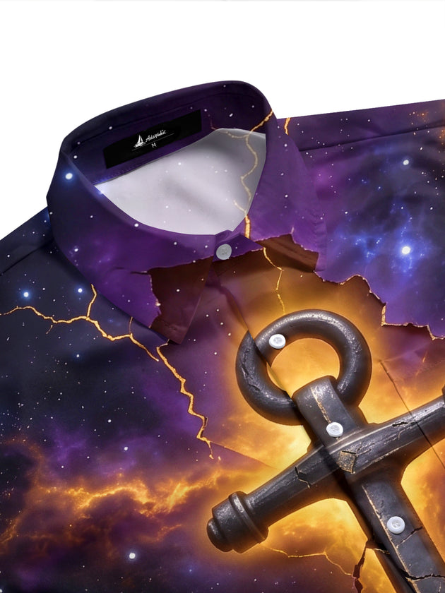 Adaychic Men's Hawaiian Galaxy Anchor With Lava Cracks Print Short Sleeve Shirt with Chest Pocket