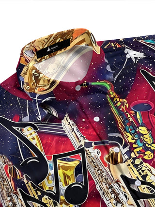Adaychic Men's Graphic Saxophone Instruments Print Short Sleeve Shirt with Chest Pocket