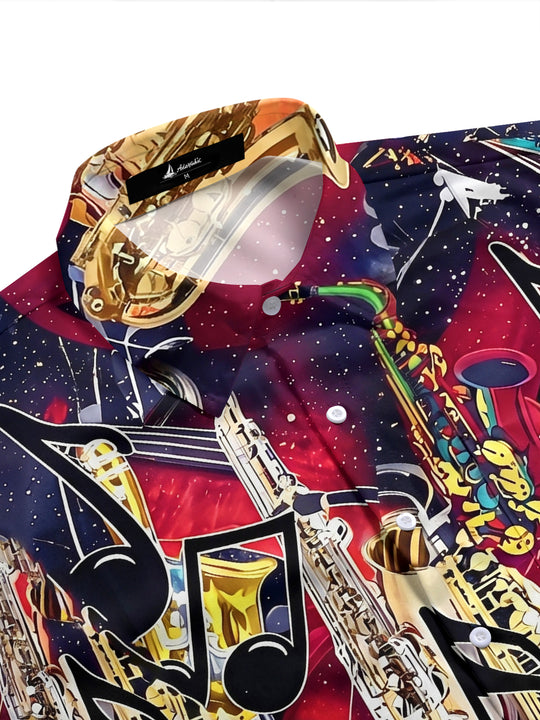 Adaychic Men's Graphic Saxophone Instruments Print Short Sleeve Shirt with Chest Pocket