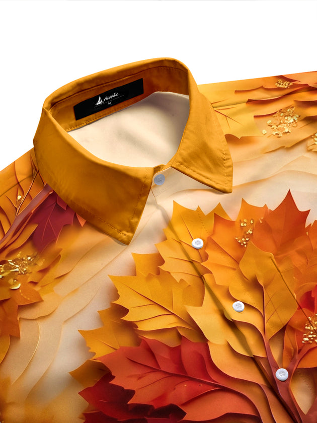 Adaychic Men's 3D Autumn Maple Tree Leaves Print Short Sleeve Shirt with Chest Pocket