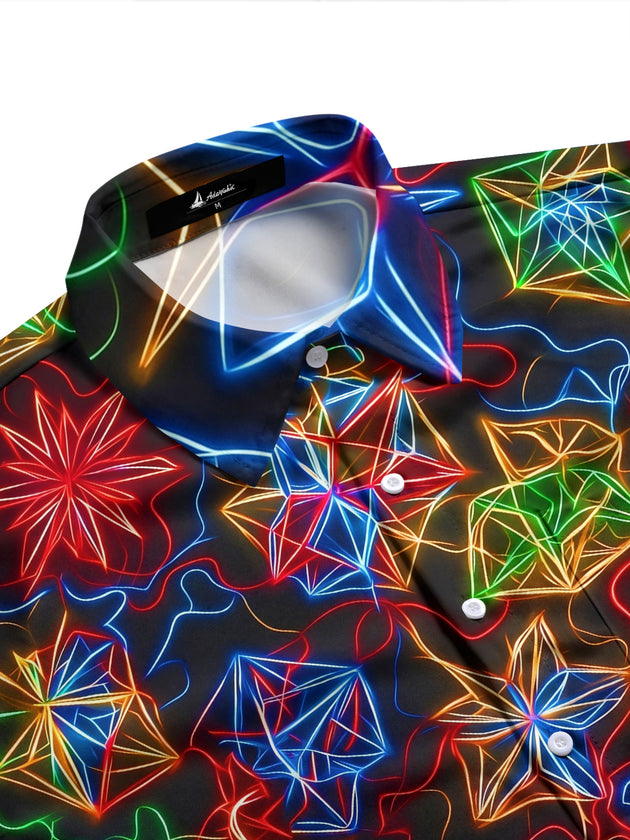 Adaychic Men's Patterned Neon Geometric Snowflakes Print Long Sleeve Shirt with Chest Pocket