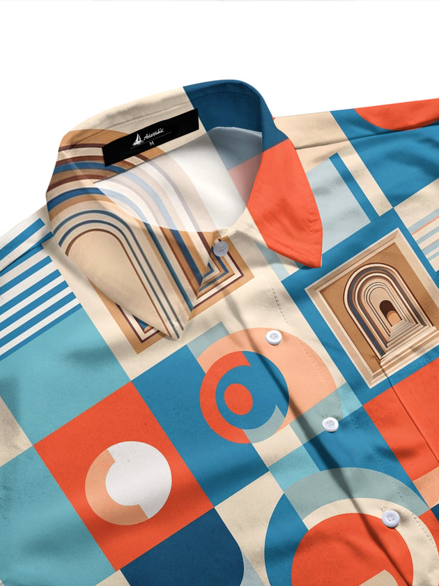 Adaychic Men's Patterned Geometric Shapes And Archways Print Long Sleeve Shirt with Chest Pocket
