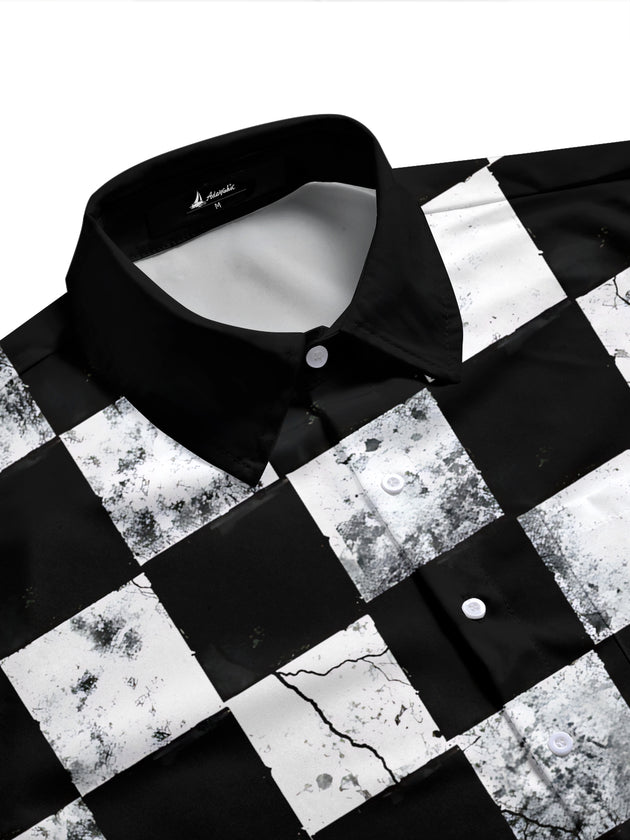 Adaychic Men's Patterned Black And White Checkerboard Print Short Sleeve Shirt with Chest Pocket