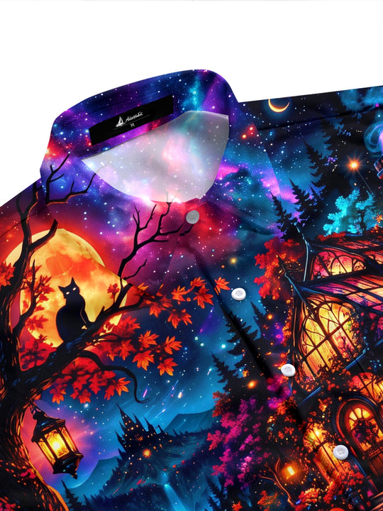 Adaychic Men's Halloween Black Cats And Pumpkins Print Short Sleeve Shirt with Chest Pocket