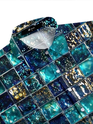 Adaychic Men's Printed Geometric Tile Pattern Short Sleeve Shirt with Chest Pocket