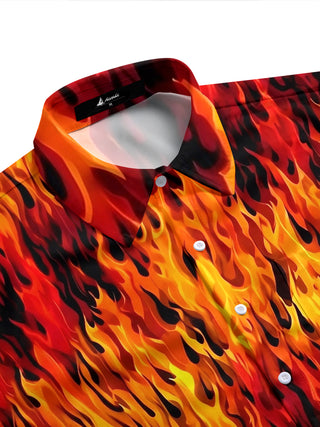 Adaychic Men's Hawaiian Fire Pattern Flames Print Short Sleeve Shirt with Chest Pocket