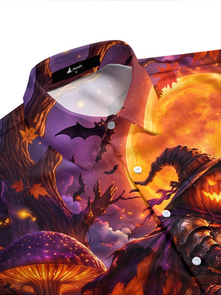 Adaychic Men's Graphic Pumpkin Knight Print Short Sleeve Shirt with Chest Pocket