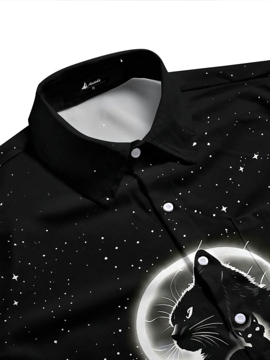 Adaychic Men's Graphic Black Cat Space Print Short Sleeve Shirt with Chest Pocket