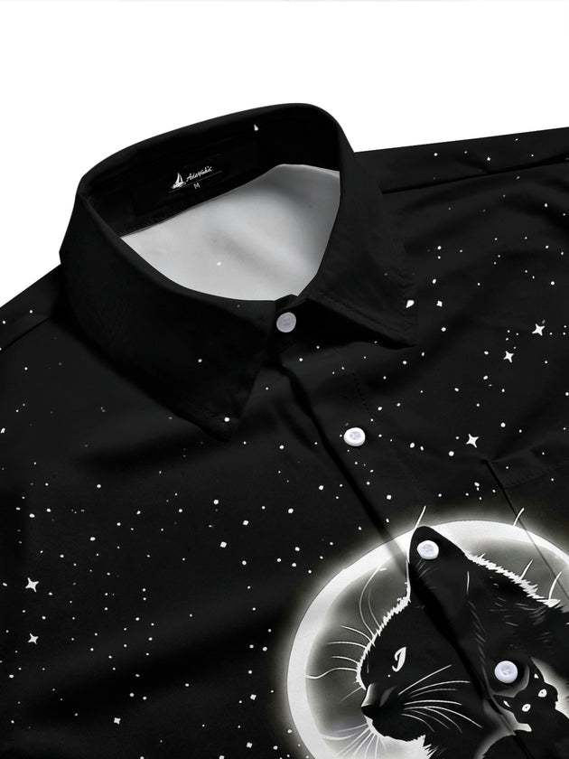 Adaychic Men's Graphic Black Cat Space Print Short Sleeve Shirt with Chest Pocket