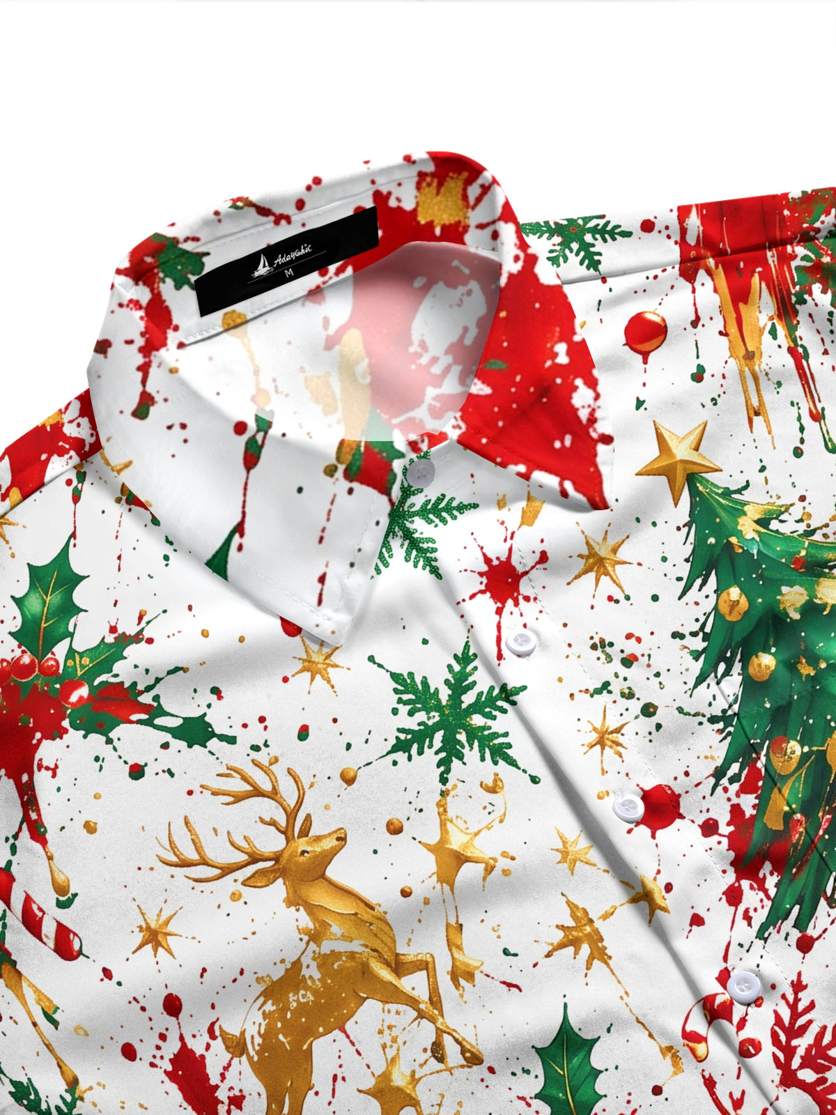 Adaychic Men's Printed Christmas Tree And Reindeer Print Long Sleeve Shirt with Chest Pocket