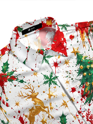 Adaychic Men's Printed Christmas Tree And Reindeer Print Long Sleeve Shirt with Chest Pocket