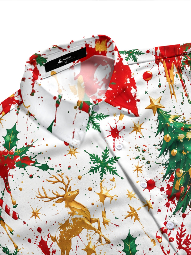 Adaychic Men's Printed Christmas Tree And Reindeer Print Long Sleeve Shirt with Chest Pocket