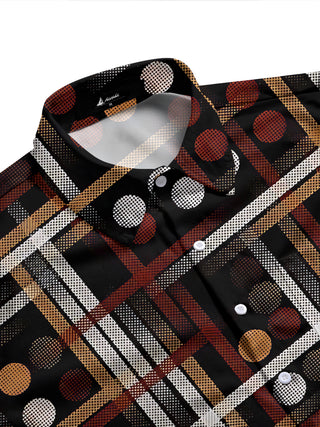 Adaychic Men's Printed Geometric Grid Pattern Long Sleeve Shirt with Chest Pocket