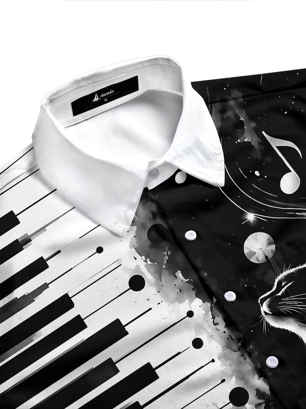 Adaychic Men's Piano Keys And Cat With Musical Notes Print Long Sleeve Shirt with Chest Pocket