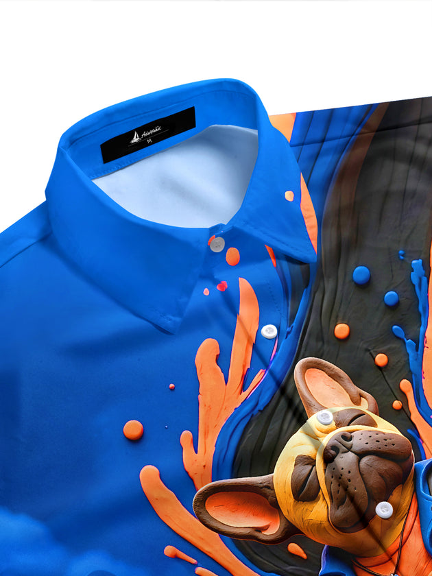 Adaychic Men's Graphic French Bulldog Guitarist Print Short Sleeve Shirt with Chest Pocket