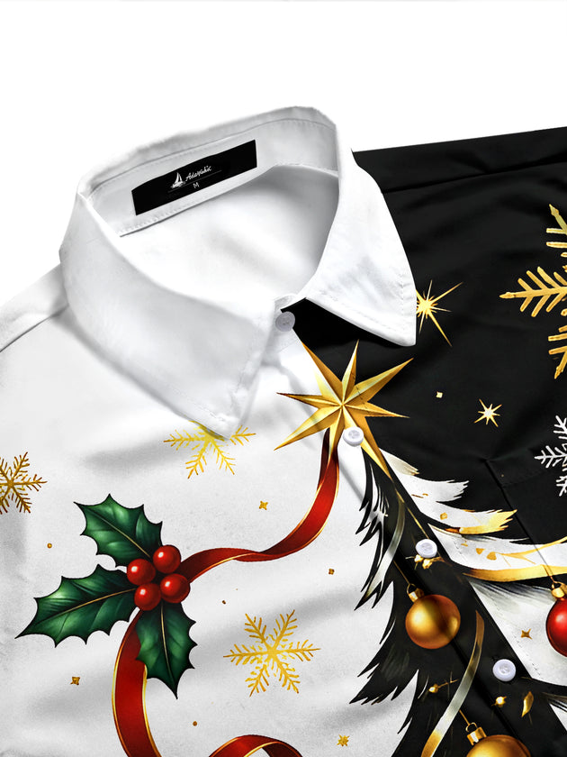 Adaychic Men's Christmas Tree With Ornaments And Holly Print Long Sleeve Shirt with Chest Pocket