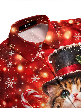 Adaychic Men's Christmas Cat With Top Hat And Scarf Print Long Sleeve Shirt with Chest Pocket