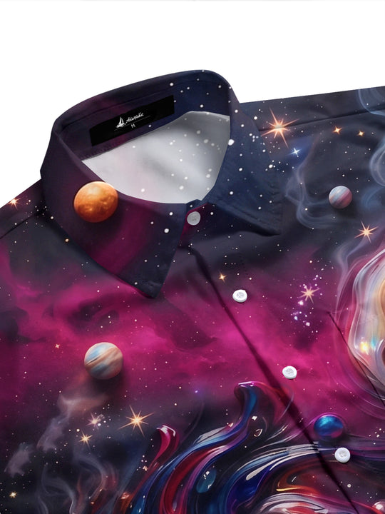 Adaychic Men's Printed Space Nebula Print Planets Print Short Sleeve Shirt with Chest Pocket
