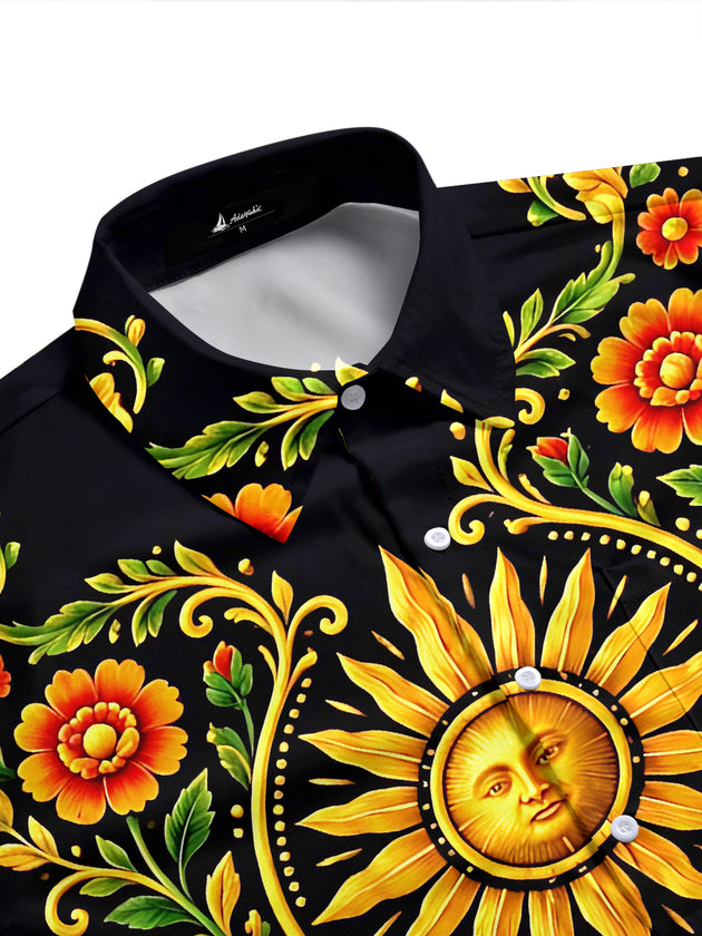 Adaychic Men's Hawaiian Sun With Face And Floral Vines Print Short Sleeve Shirt with Chest Pocket