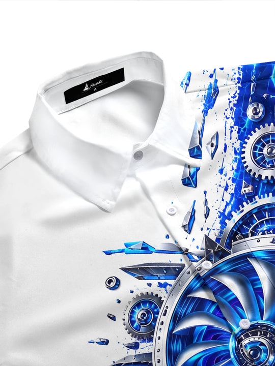 Adaychic Men's Graphic Mechanical Turbine Gear Print Short Sleeve Shirt with Chest Pocket