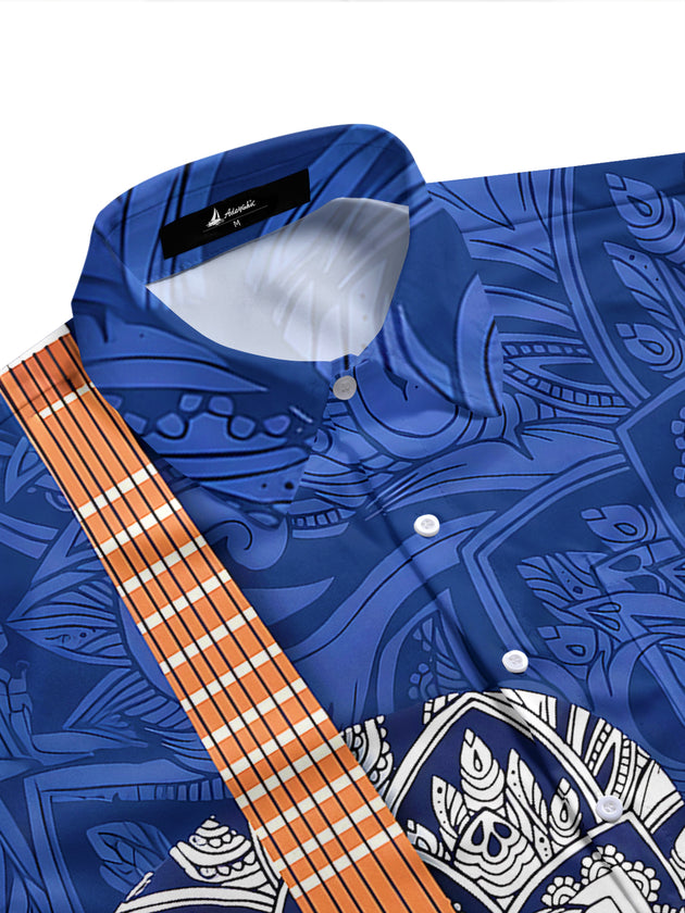 Adaychic Men's Hawaiian Guitar Mandala Pattern Short Sleeve Shirt with Chest Pocket