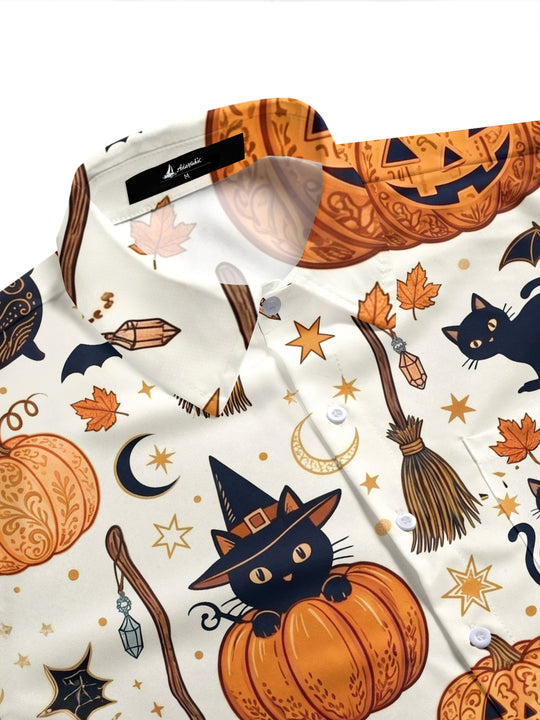 Adaychic Men's Halloween Black Cats And Pumpkins Print Short Sleeve Shirt with Chest Pocket