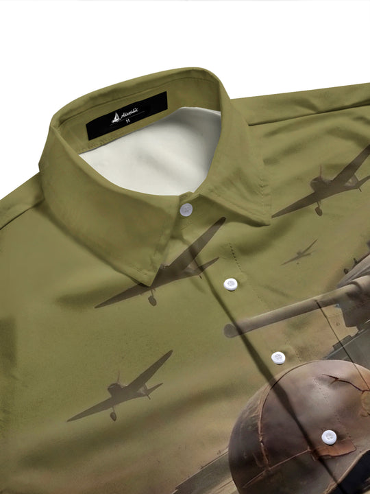 Adaychic Men's Military Tanks And Vintage Aircraft Print Long Sleeve Shirt with Chest Pocket