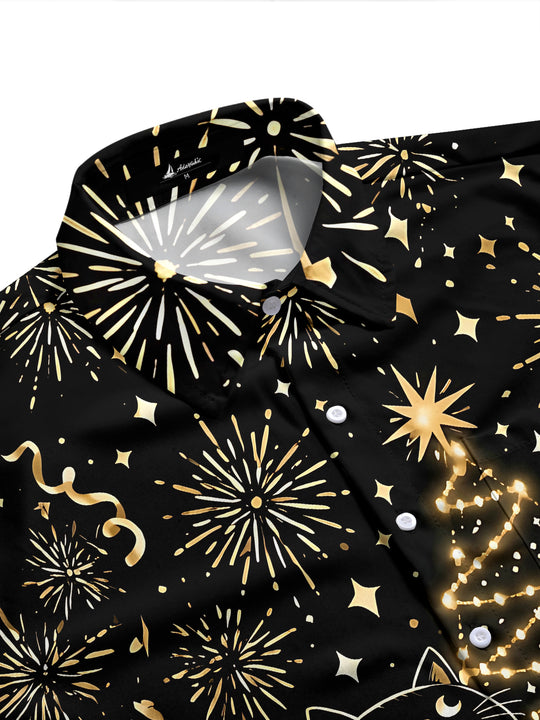 Adaychic Men's Long Sleeve Shirt - Black Cats And Christmas Tree With Fireworks Print with Chest Pocket