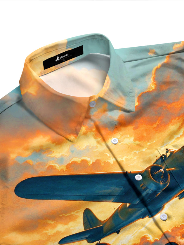 Adaychic Men's Vintage Warplane And Soldier Silhouettes Print Long Sleeve Shirt with Chest Pocket