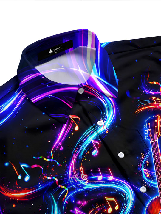 Adaychic Men's Graphic Neon Guitar And Music Notes Print Long Sleeve Shirt with Chest Pocket