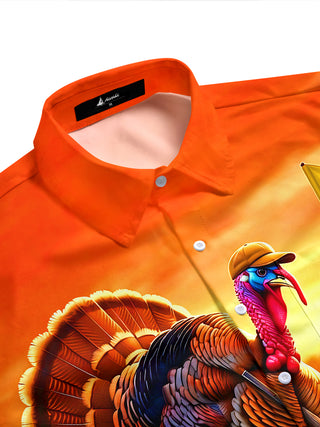 Adaychic Men's Short Sleeve Stand Collar Shirt - Thanksgiving Turkey Playing Golf At Sunset Print with Chest Pocket