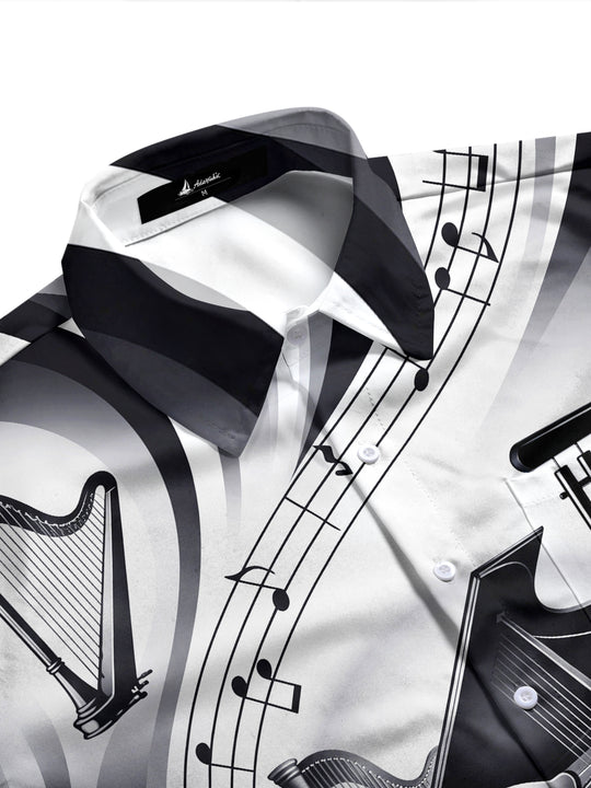 Adaychic Men's Graphic Piano Harp Music Note Pattern Long Sleeve Shirt with Chest Pocket