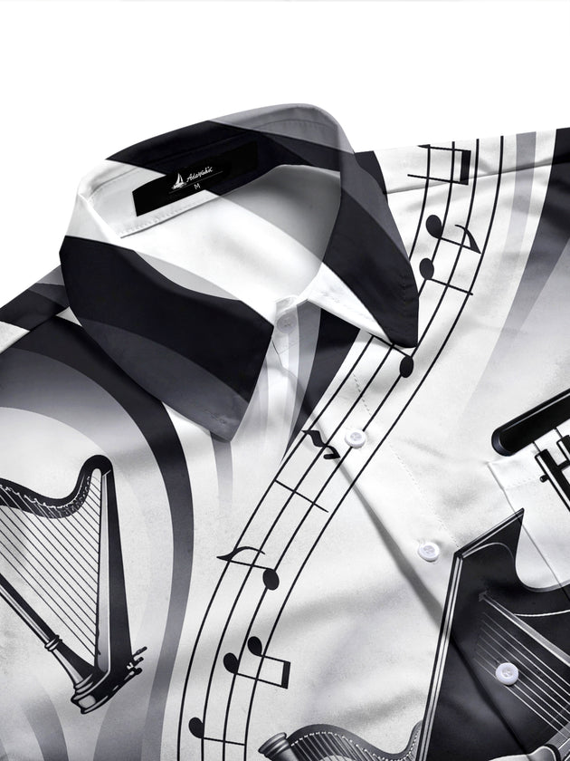Adaychic Men's Graphic Piano Harp Music Note Pattern Long Sleeve Shirt with Chest Pocket