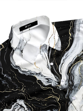 Adaychic Men's Printed Marble Effect Print Gold Veins Print Short Sleeve Shirt with Chest Pocket